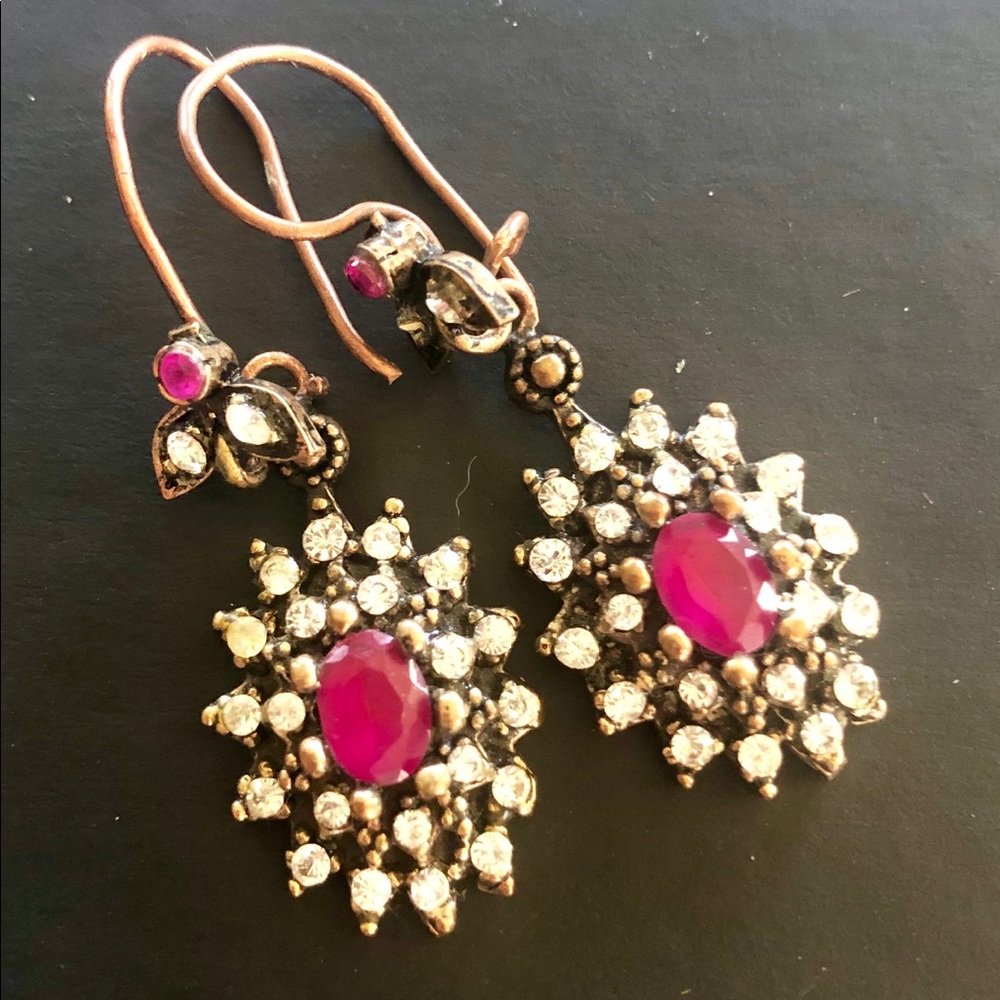 Vintage Turkish Ruby & Crystal & Bronze Earrings